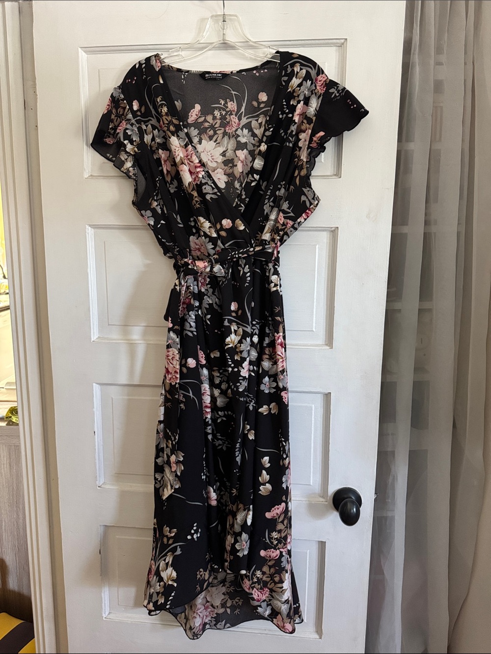 BloomChic Black Floral High-Low faux Wrap Dress with Pink & Cream Blooms roses